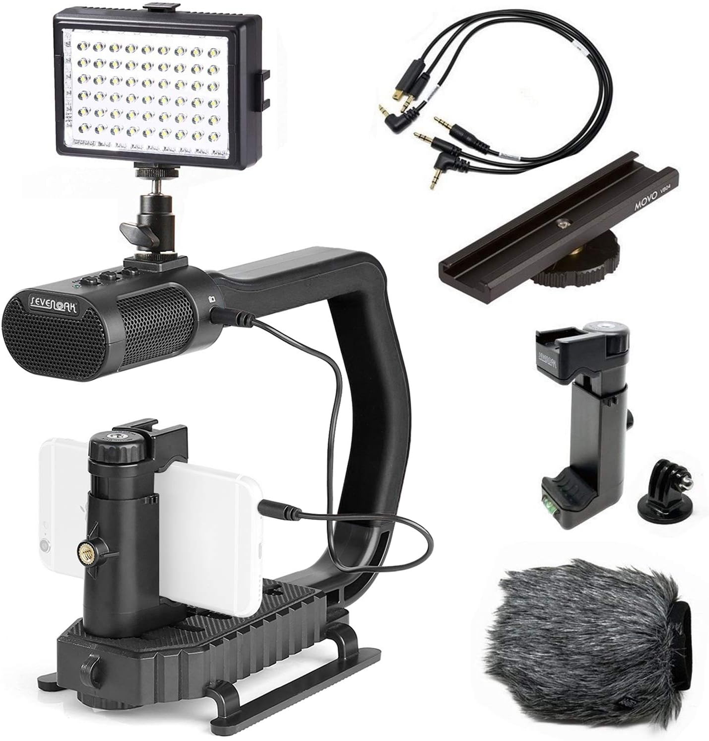 U Grip Handle with Built-in Stereo Microphone, LED Light, and Camera Accessories S146