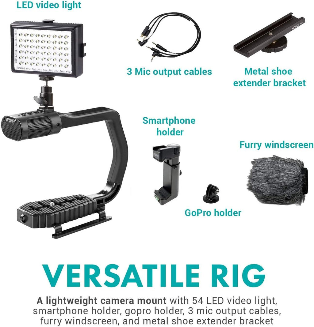 U Grip Handle with Built-in Stereo Microphone, LED Light, and Camera Accessories S146