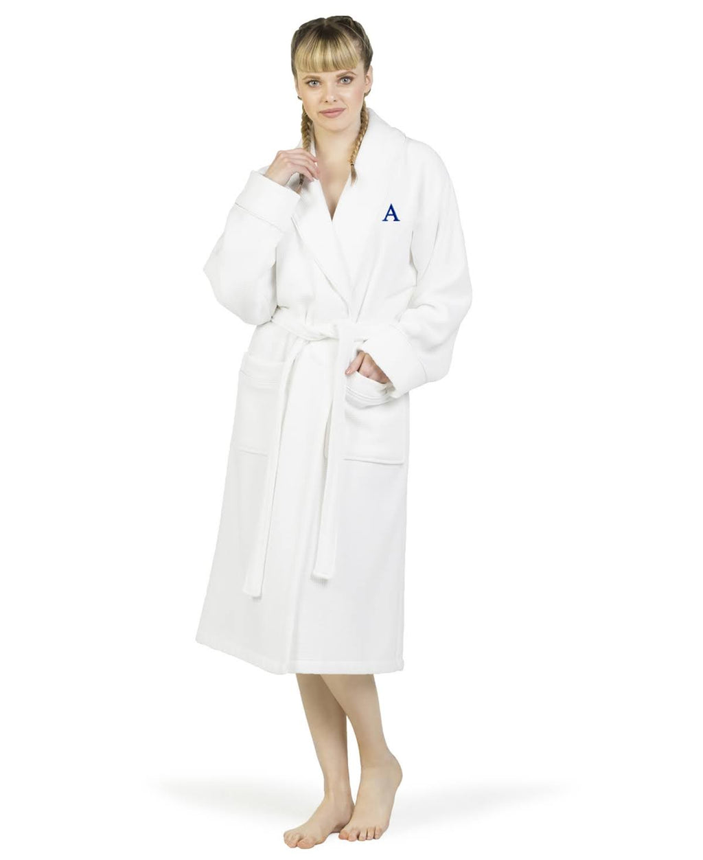 White Navy Turkish Cotton Waffle Terry Bathrobe with Satin Piped Trim S49482