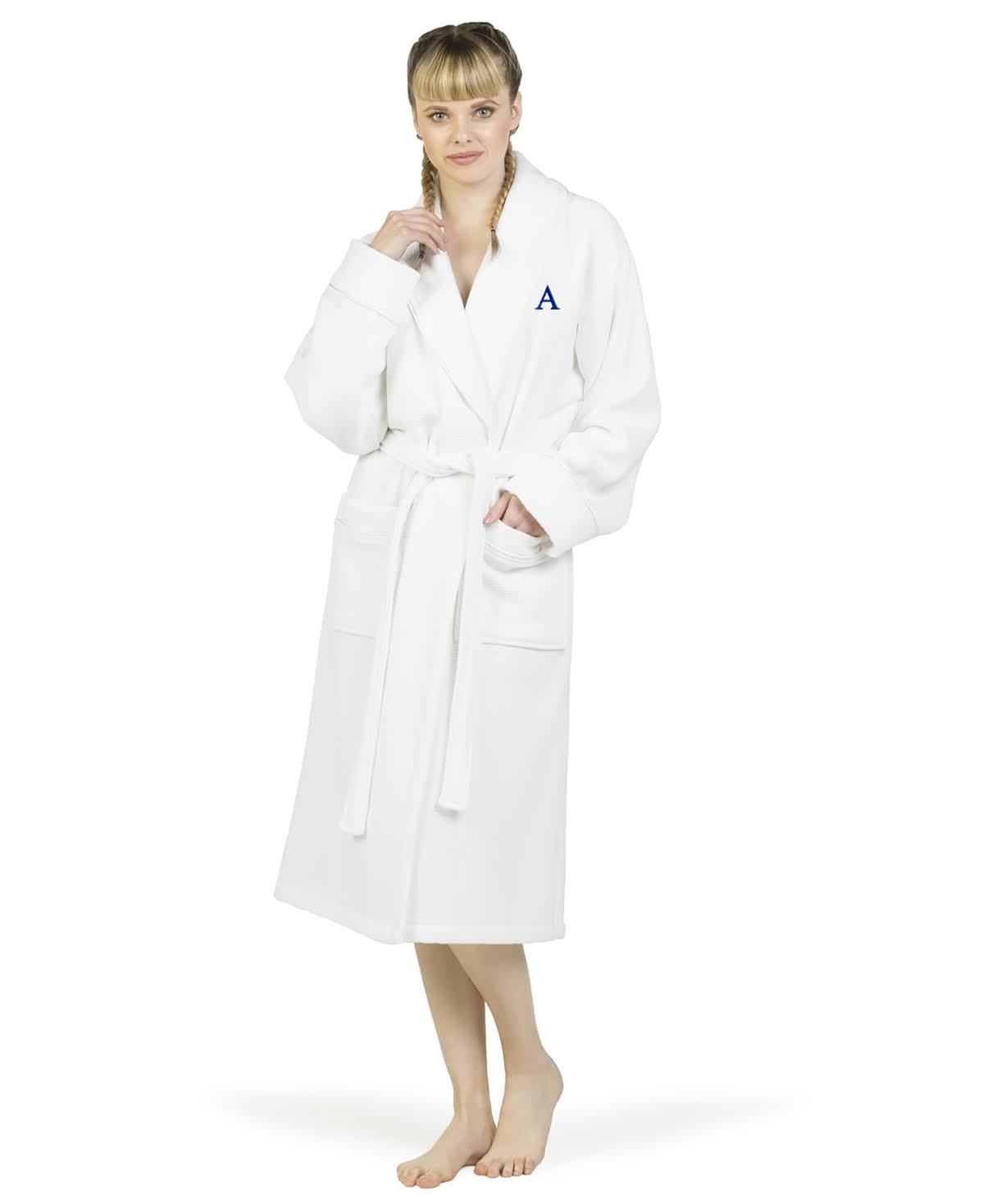 White Navy Turkish Cotton Waffle Terry Bathrobe with Satin Piped Trim S49482