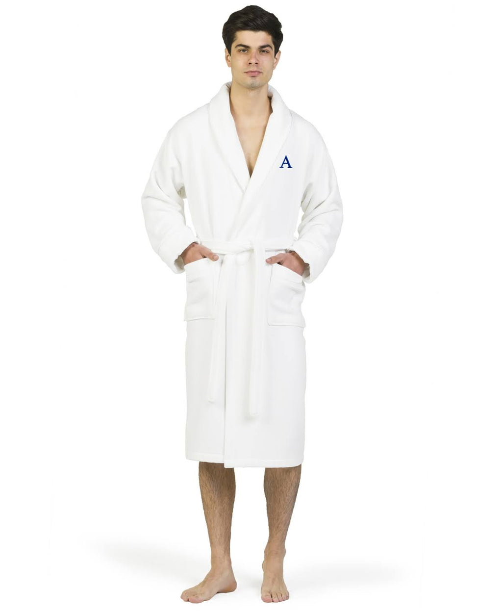 White Navy Turkish Cotton Waffle Terry Bathrobe with Satin Piped Trim S49482
