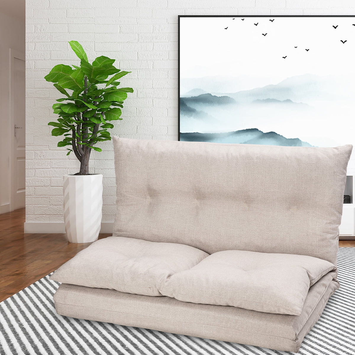 Foldable Double Chaise Lounge Floor Sofa Chair with Two Pillows H414