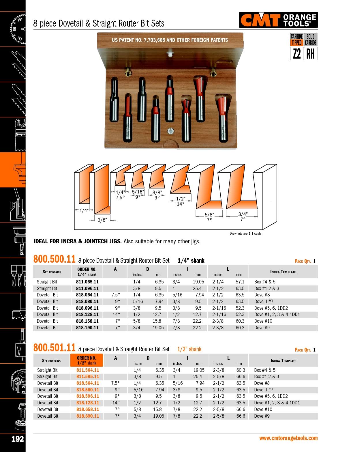 8 Piece Dovetail & Straight Bit Set W740290