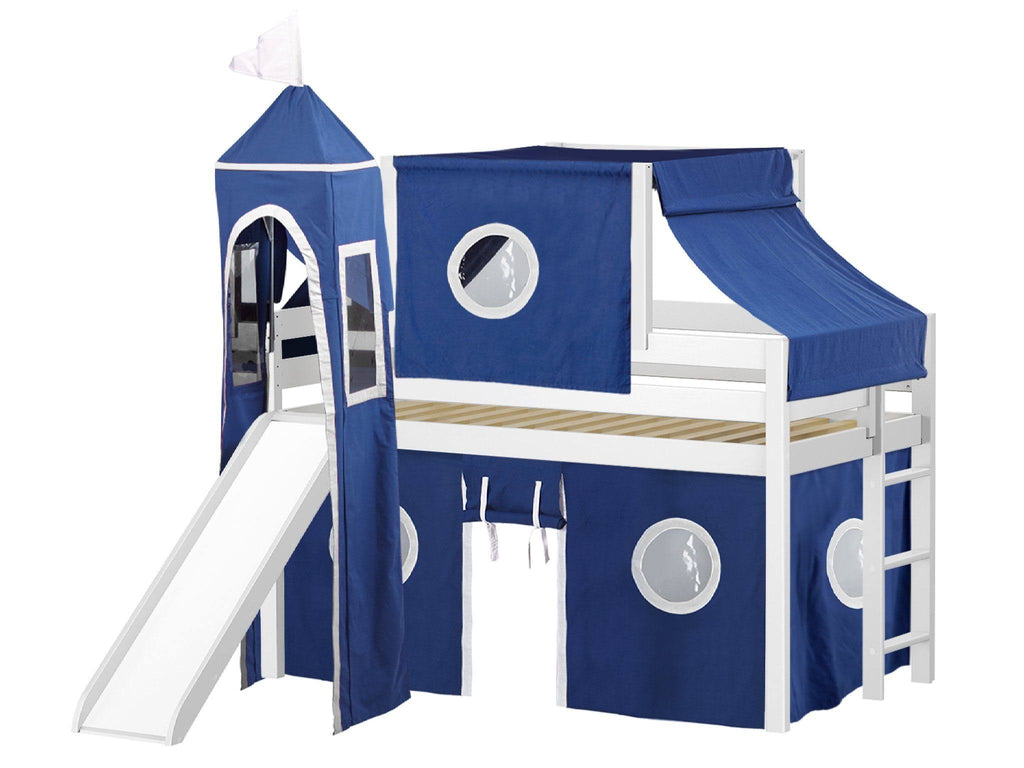 White Low Loft Twin Bed with Slide and Tent F26371