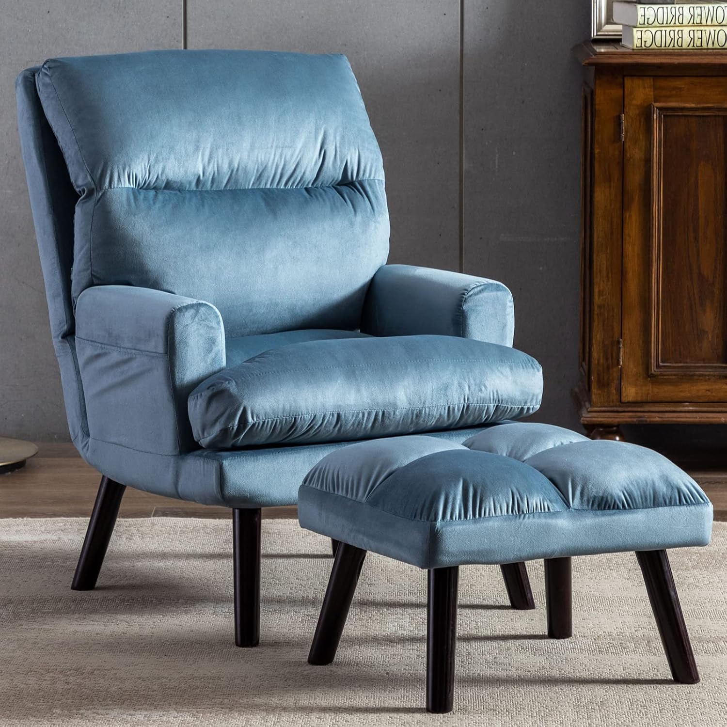 Beige Accent Chair with Ottoman L349