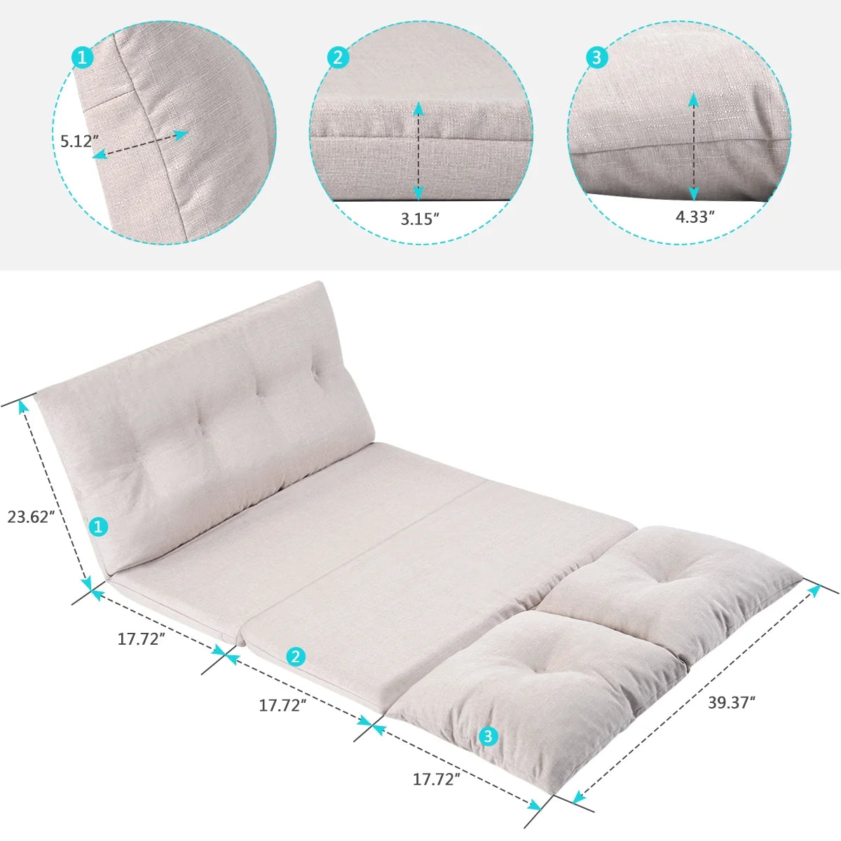 Foldable Double Chaise Lounge Floor Sofa Chair with Two Pillows H414
