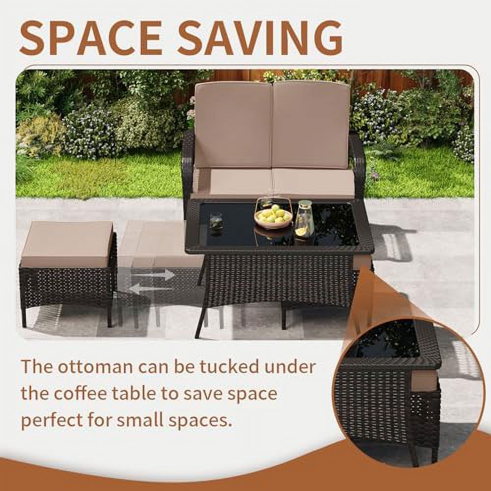 Sand 4PC Rattan Patio Conversation Set with Loveseat and Ottoman F124