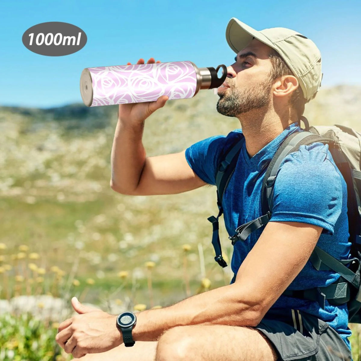 White Rose Flower Pink Stripes Stainless Steel Water Bottle 20 OZ R893475