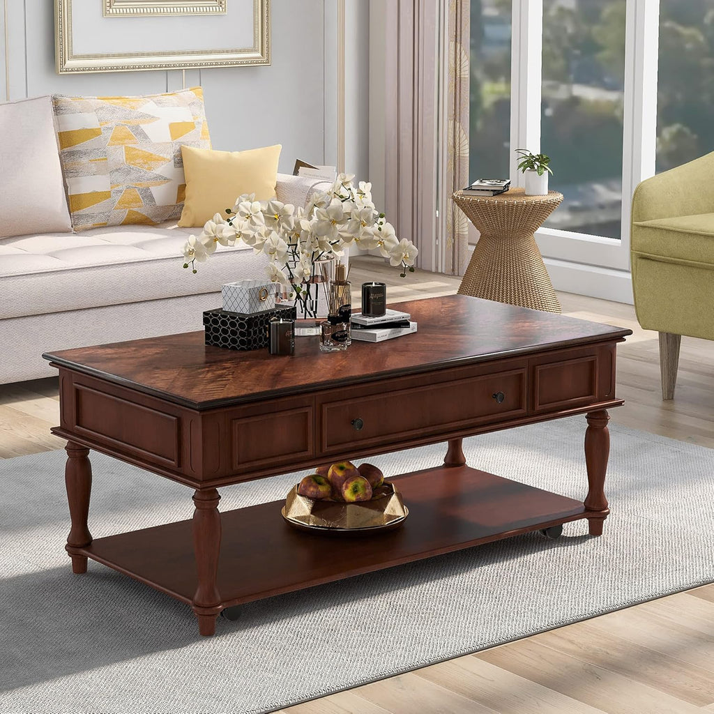 Wood Coffee Table with Drawer and Storage Shelf, Caster Wheels, Retro, Espresso G57574