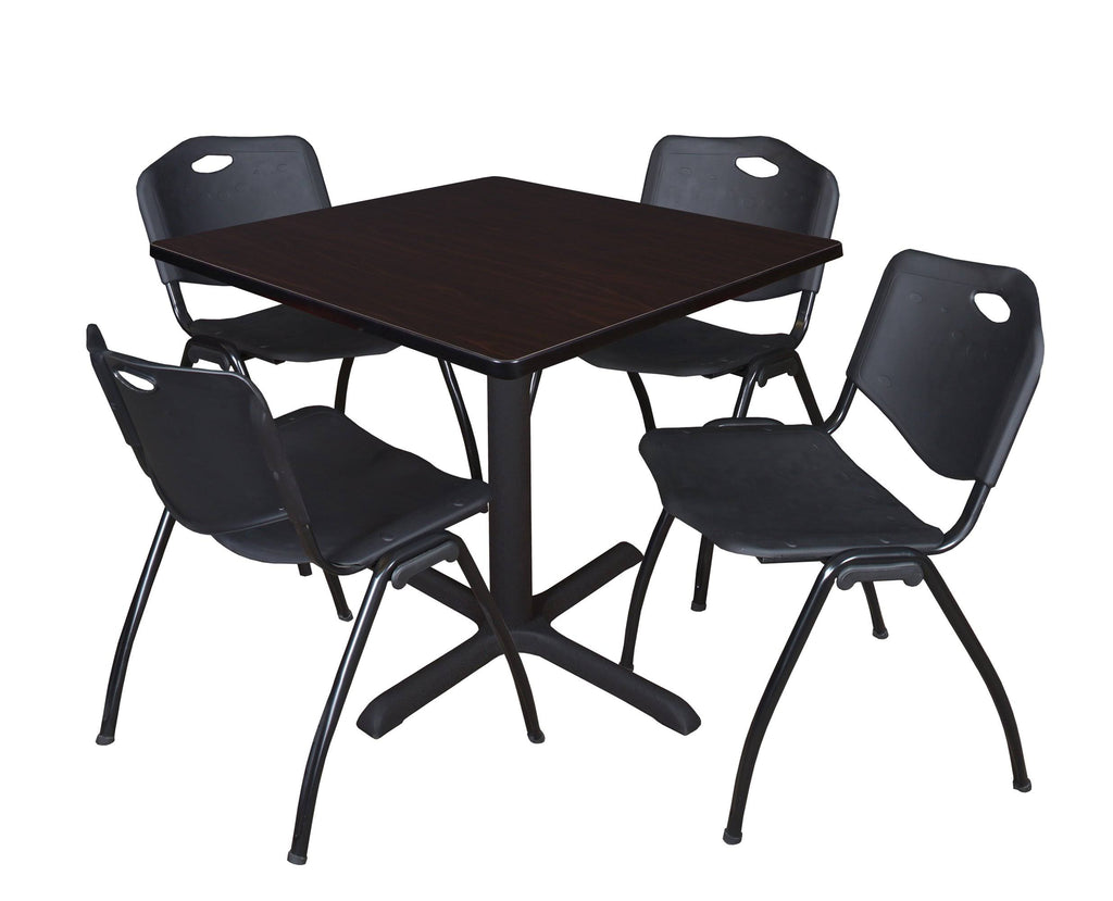 36x22 Square Breakroom Table Mocha Walnut with 4 Stack Chairs Black Z90213