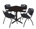 36x22 Square Breakroom Table Mocha Walnut with 4 Stack Chairs Black Z90213