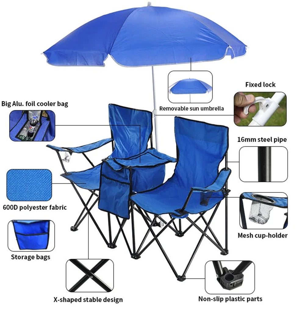 Folding Picnic Chair with Umbrella Mini Table Beverage Holder F6236