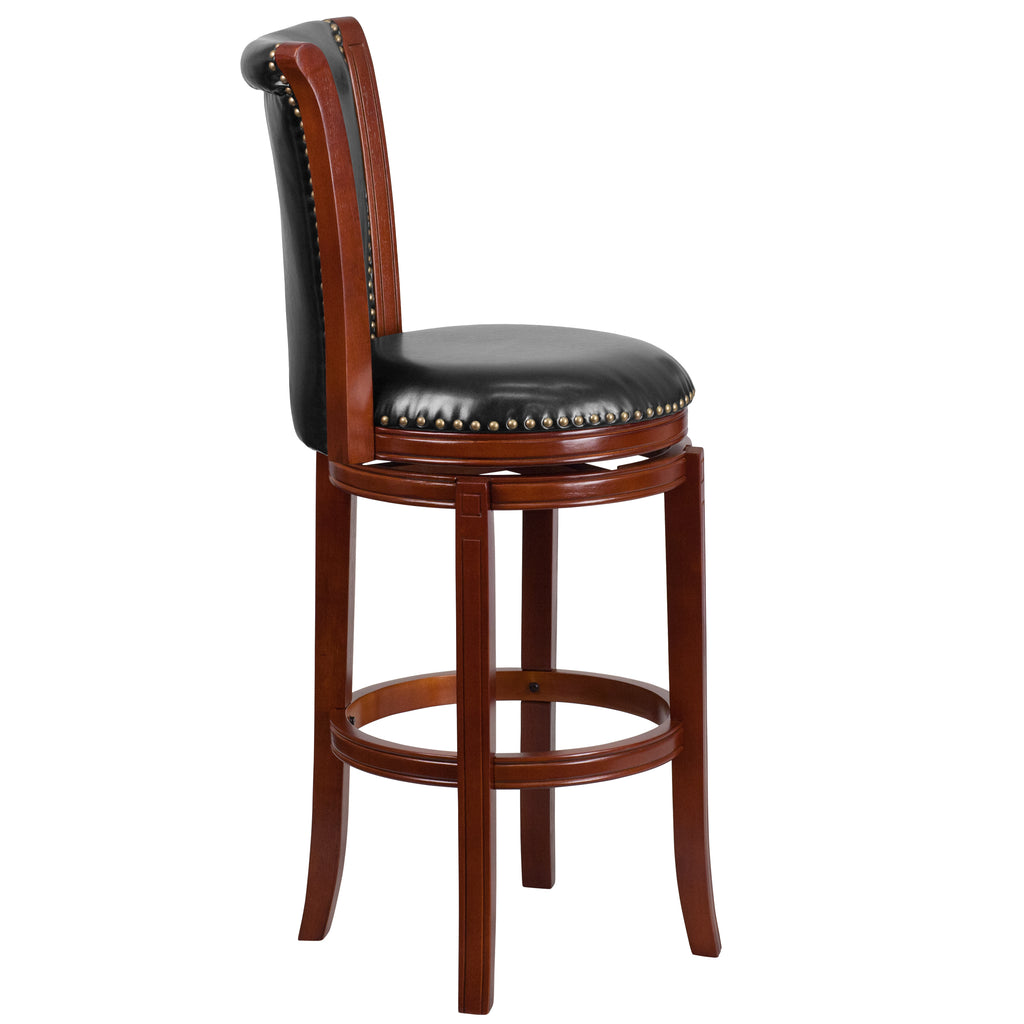 30" Dark Chestnut Wooden Bar Stool with Black Faux Leather Swivel Seat I6934