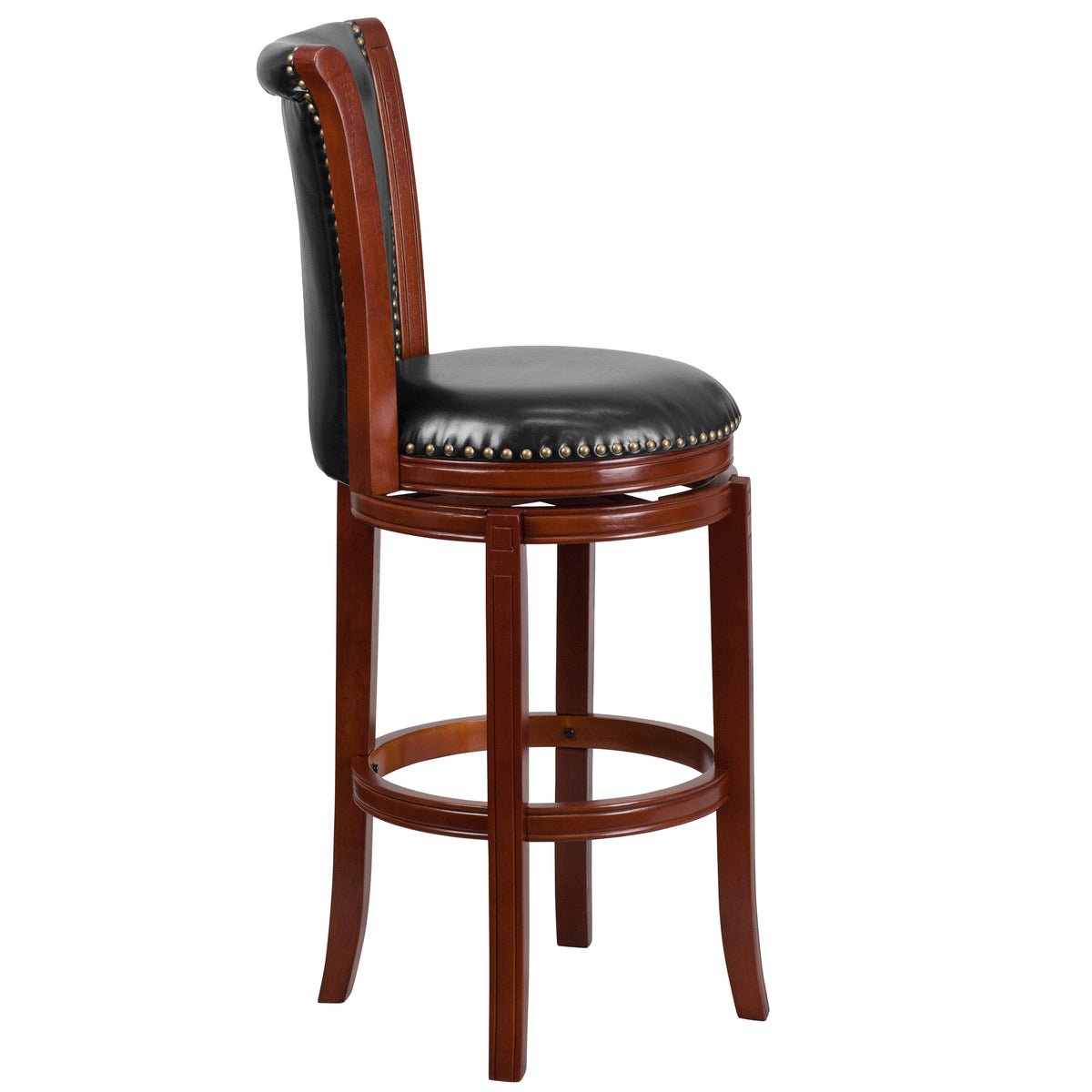 30" Dark Chestnut Wooden Bar Stool with Black Faux Leather Swivel Seat I6934