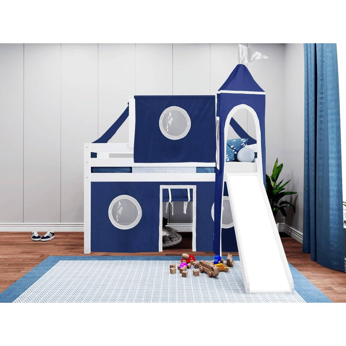 White Low Loft Twin Bed with Slide and Tent F26371