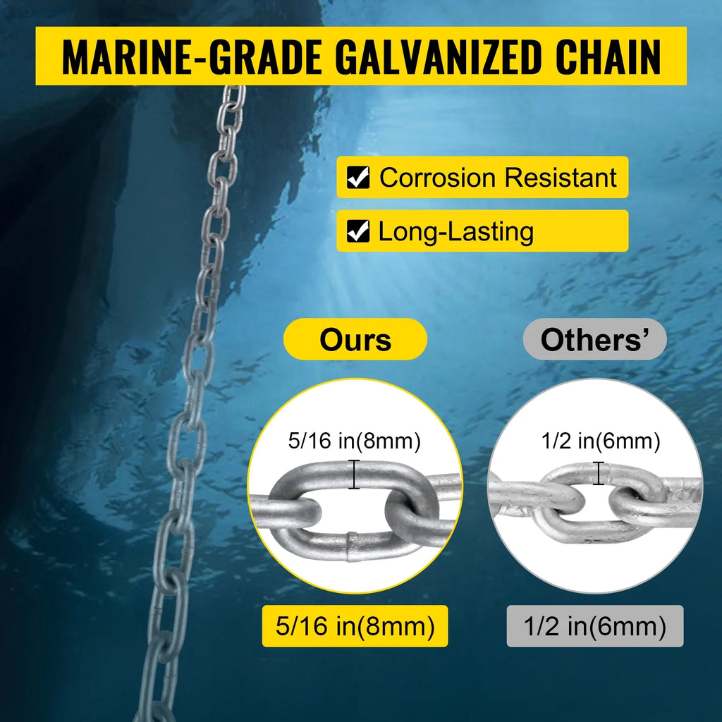 Boat Anchor Chain 15' x 5/16" Galvanized Chain with 1/2" x 200' Nylon Rope N139