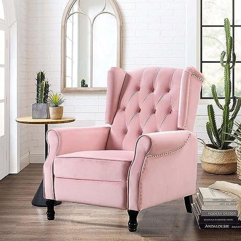 Pink Velvet Push Back Recliner Wingback Arm Chair L4097