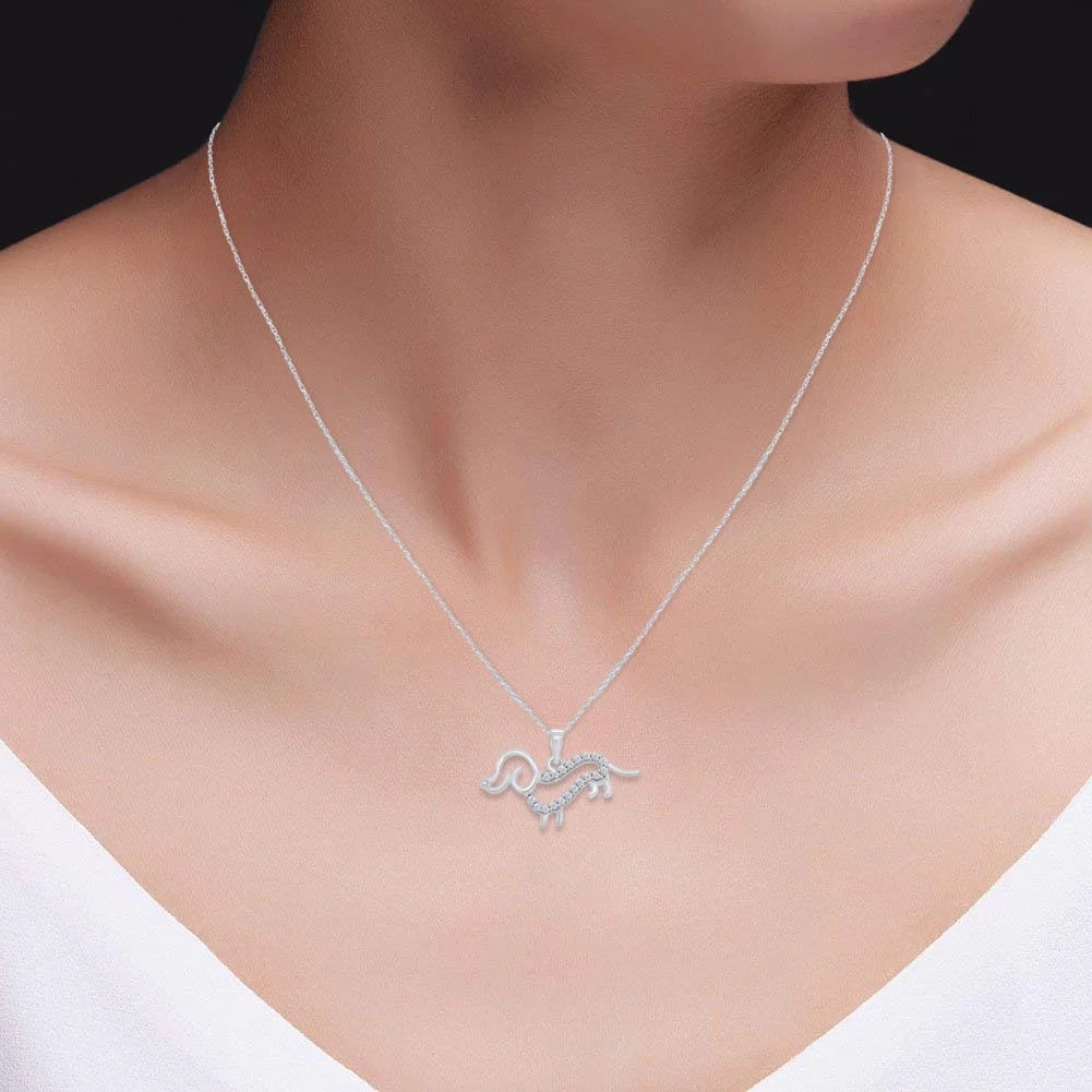 White Cubic Zirconia Dachshund Dog Pendant Necklace in 14k White Gold Over Sterling Silver with 18" Silver Chain Y3122