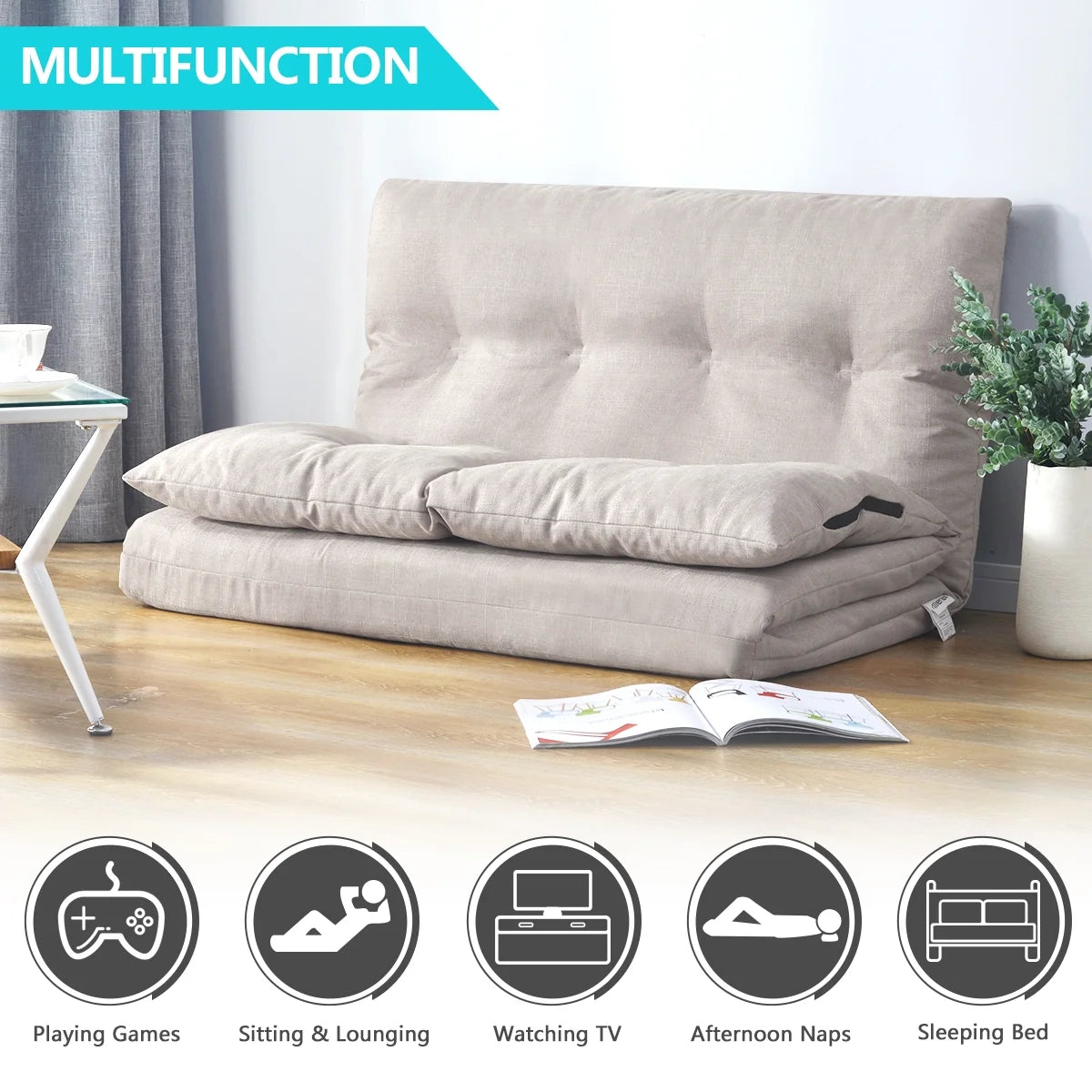 Foldable Double Chaise Lounge Floor Sofa Chair with Two Pillows H414