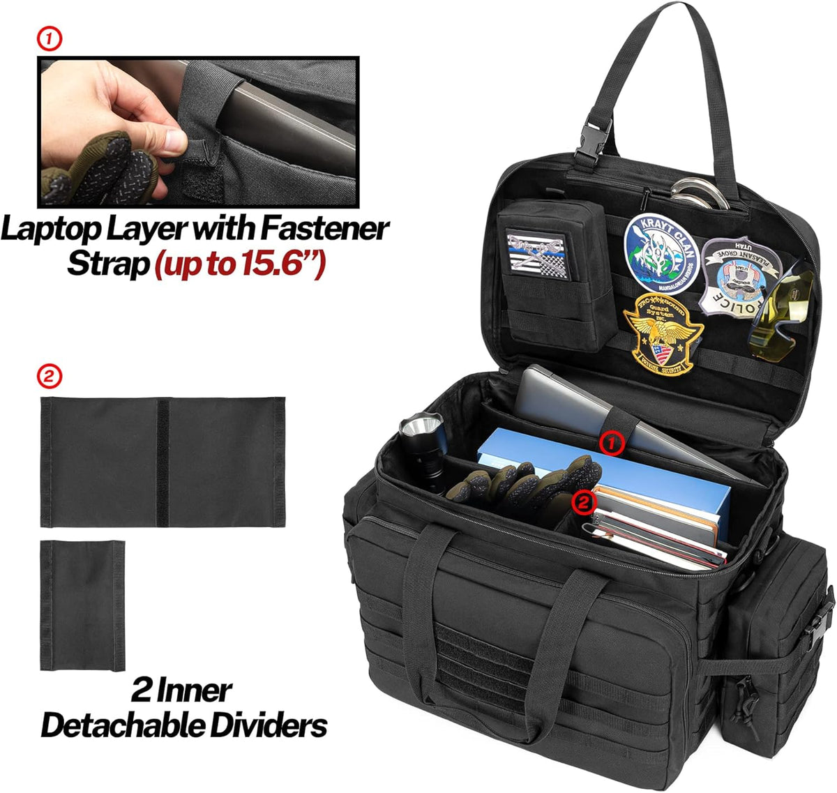 Black Patrol Duty Bag with 2 Detachable MOLLE Pouches & Laptop Layer M825275