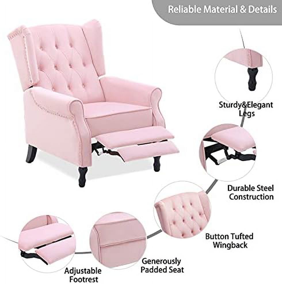 Pink Velvet Push Back Recliner Wingback Arm Chair L4097