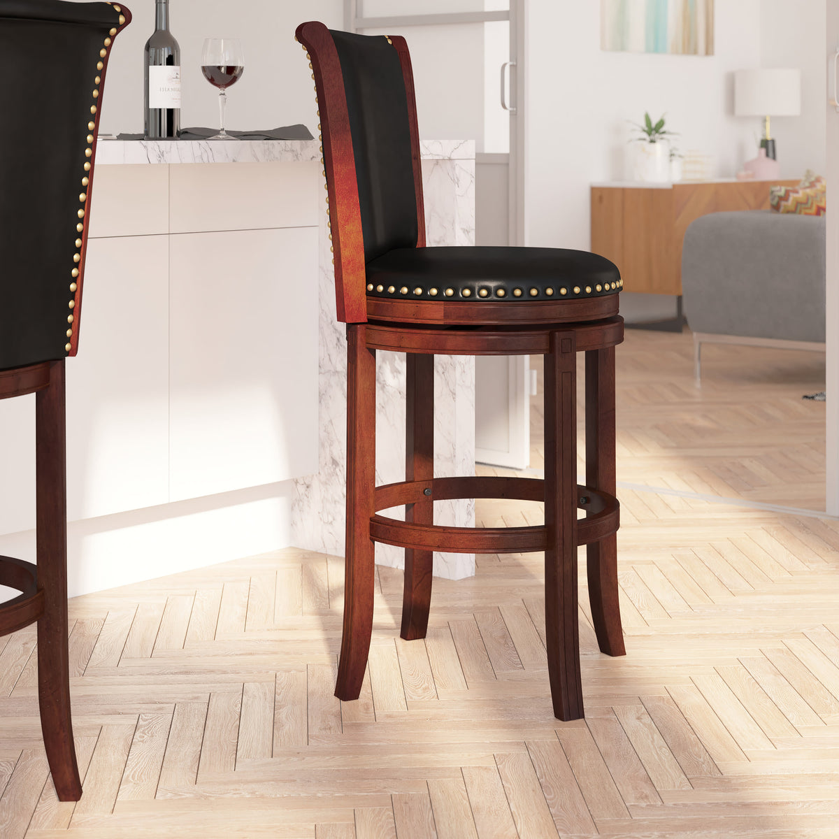 30" Dark Chestnut Wooden Bar Stool with Black Faux Leather Swivel Seat I6934