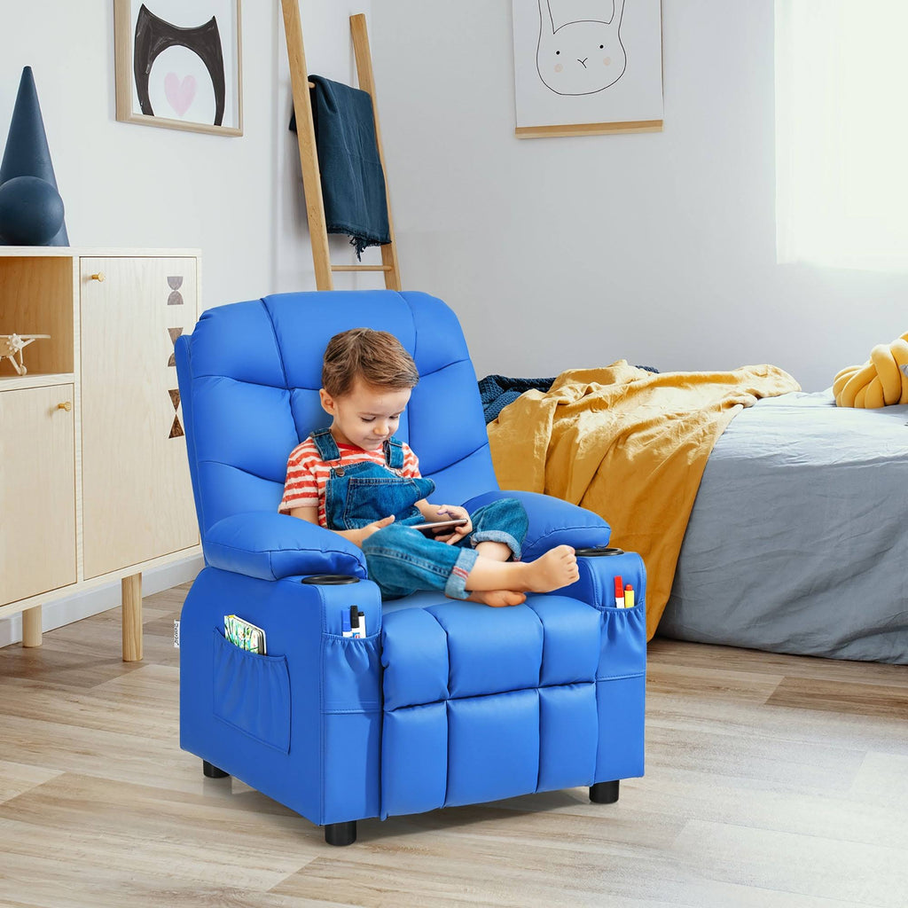 Blue PU Leather Kids Recliner Chair with Cup Holders Z631