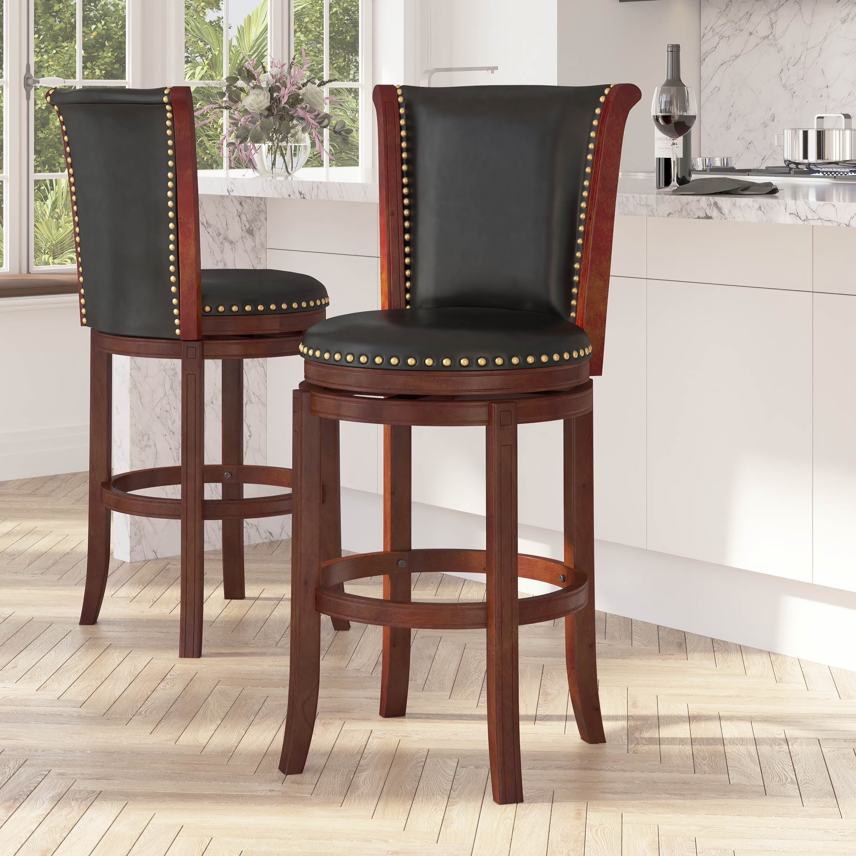 30" Dark Chestnut Wooden Bar Stool with Black Faux Leather Swivel Seat I6934
