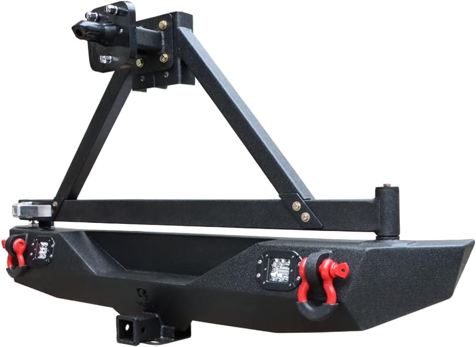 Textured Black Rear Bumper with Tire Bracket, LED Light, D-Ring, Rear Camera Mounting Holes M532