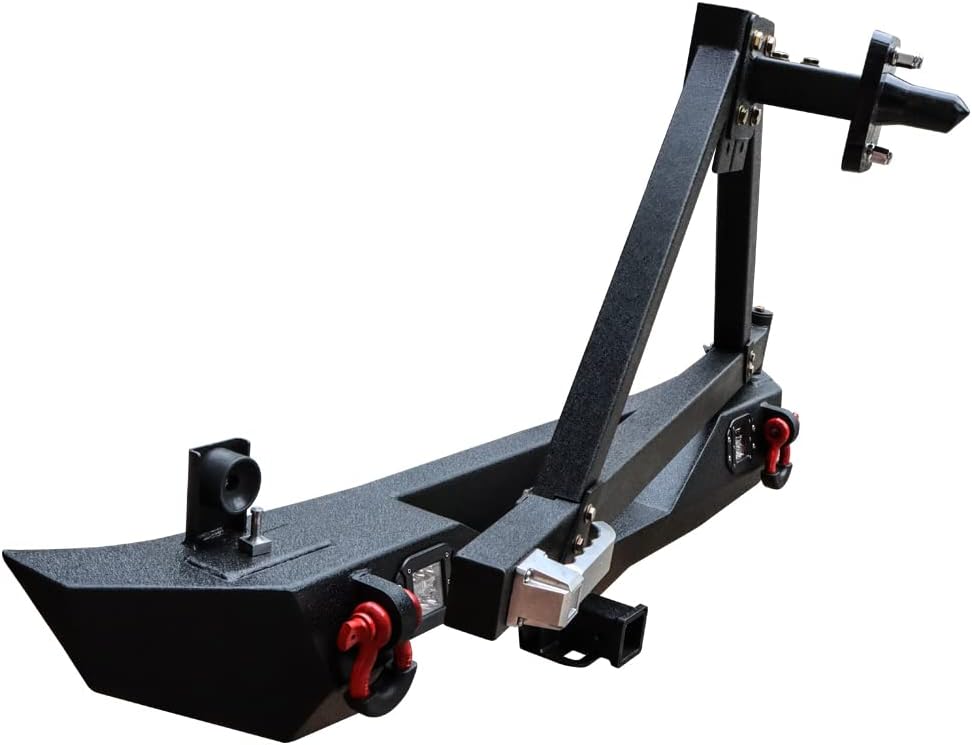 Textured Black Rear Bumper with Tire Bracket, LED Light, D-Ring, Rear Camera Mounting Holes M532