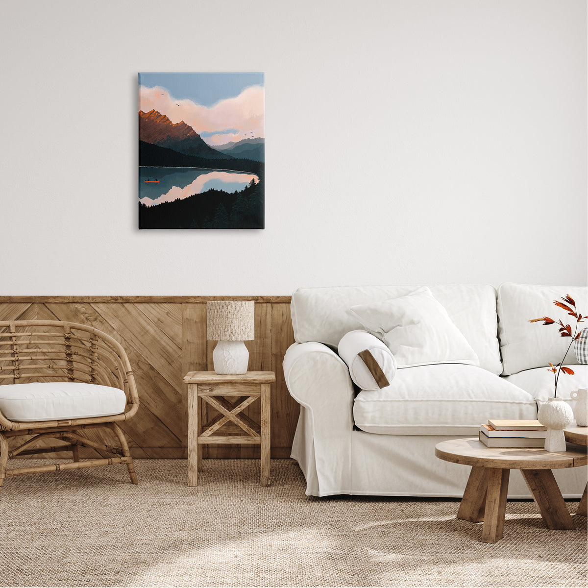 Mountain Range River Canoe Cloudy Wilderness Birds Canvas Wall Art, 24 x 30 O3360