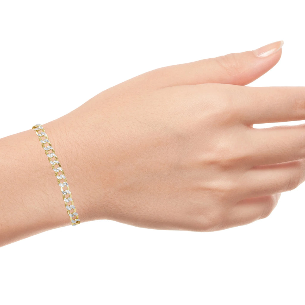 14k Yellow Gold Cuban Chain Diamond Cut Two Tone Bracelet K8525
