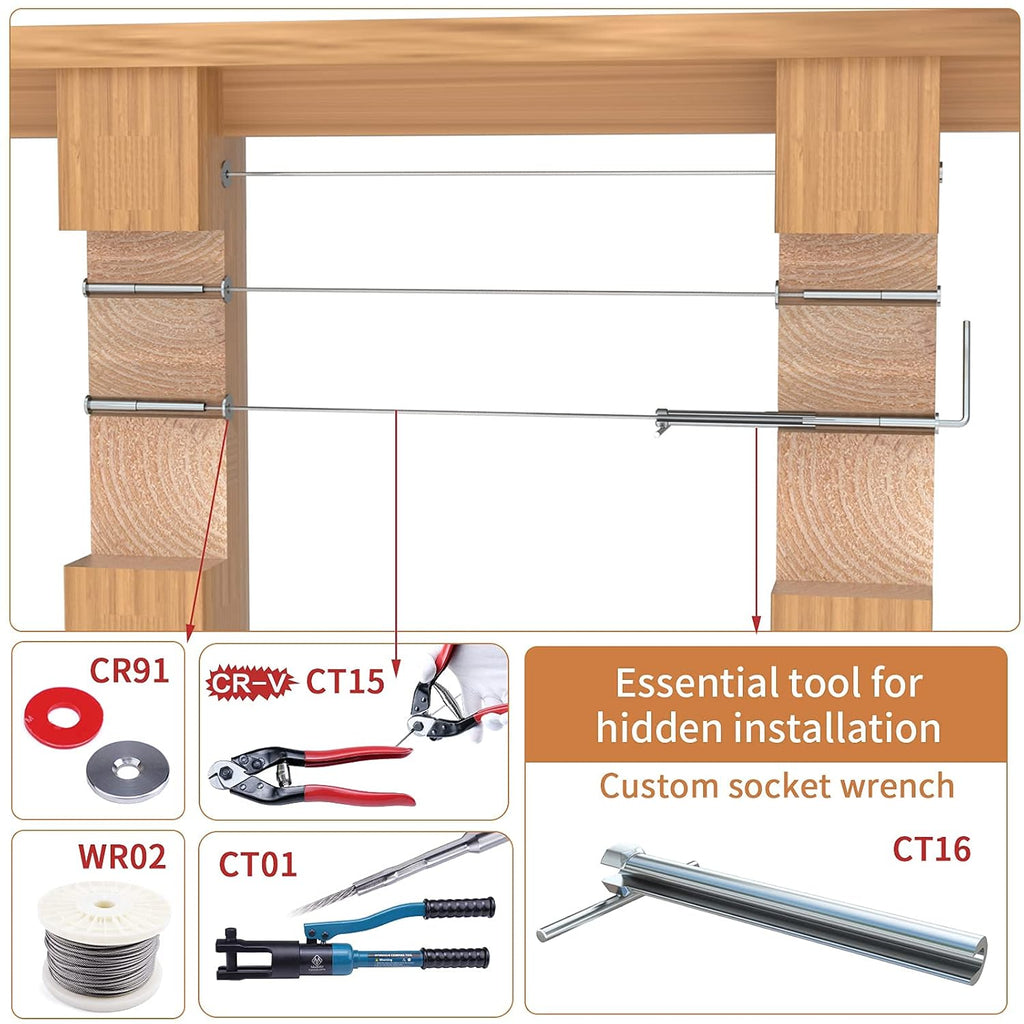1/8 Invisible Cable Railing Kit Turnbuckle Swage Threaded Stud and Stemball Combination Pack for 2”-6” Wood & Metal Post M918