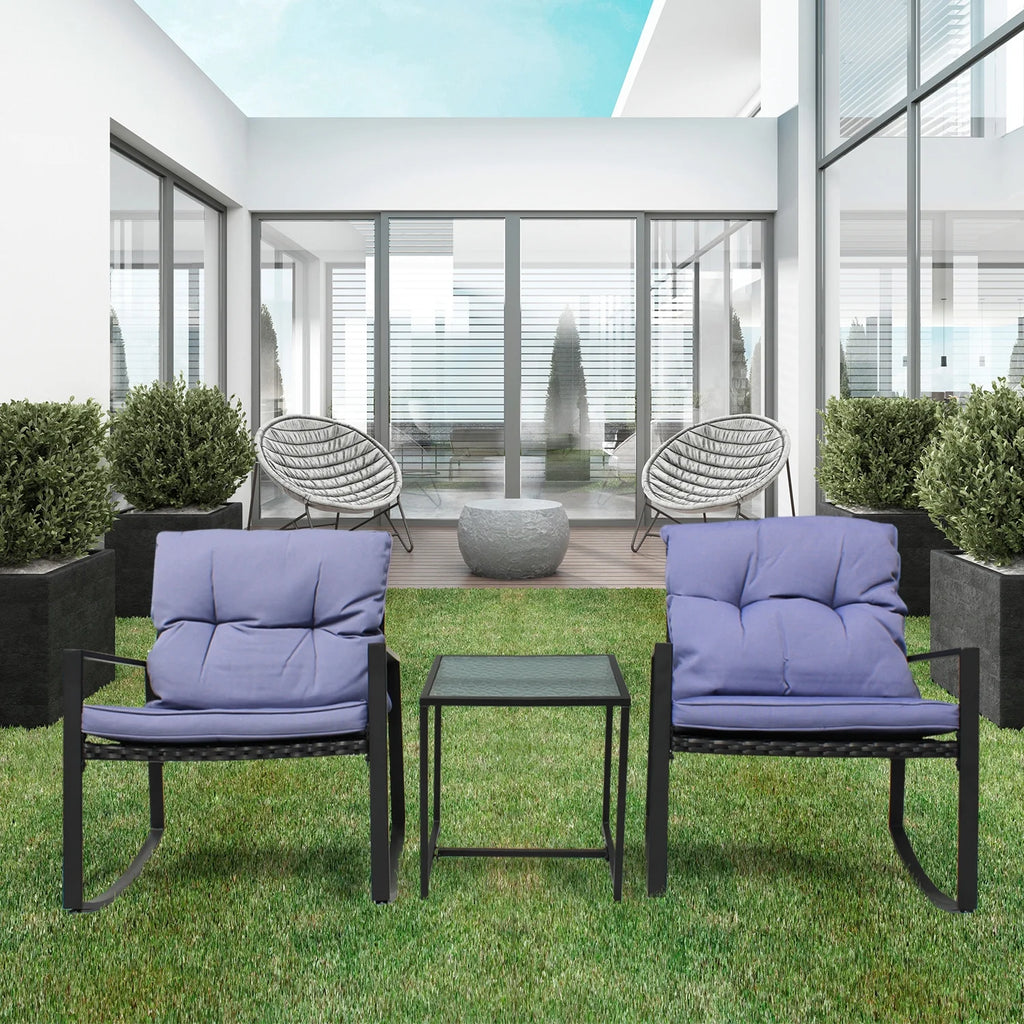 Black Wicker 3-Piece Rocking Chair Set with Glass Table U124355