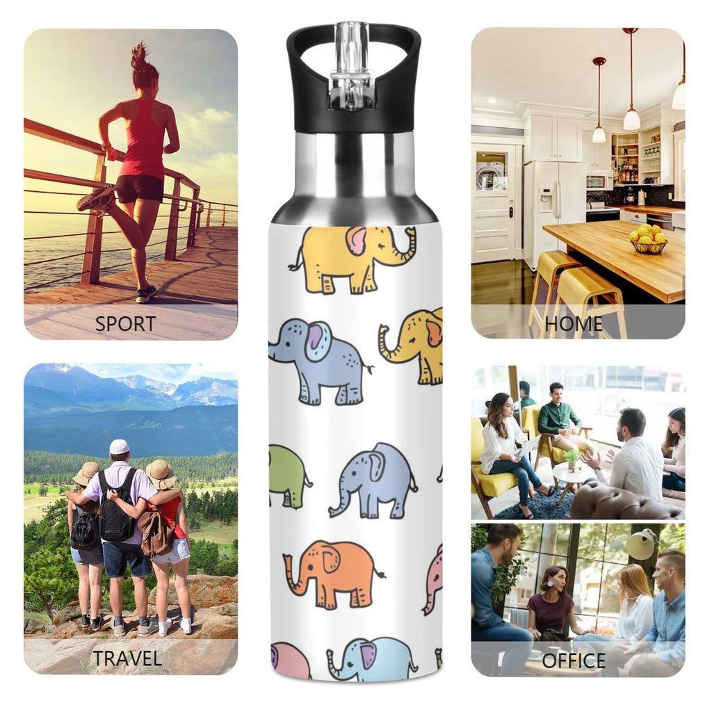 Cartoon Elephants Insulated Stainless Steel Water Bottle with Straw Lid, 20 oz O5055