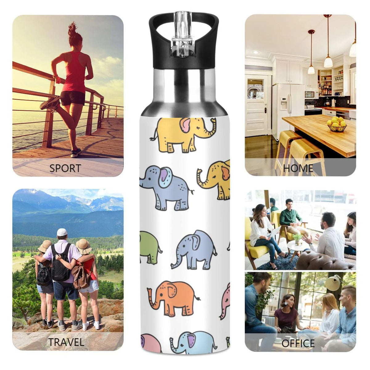 Cartoon Elephants Insulated Stainless Steel Water Bottle with Straw Lid, 20 oz O5055