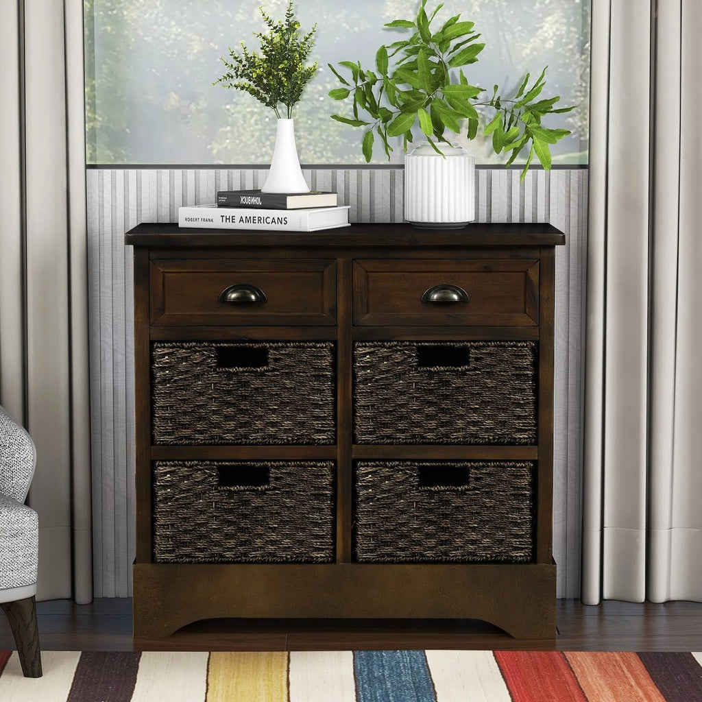 Rustic Storage Cabinet with 2-Drawers and 4 Fabric Basket Dark Brown I811