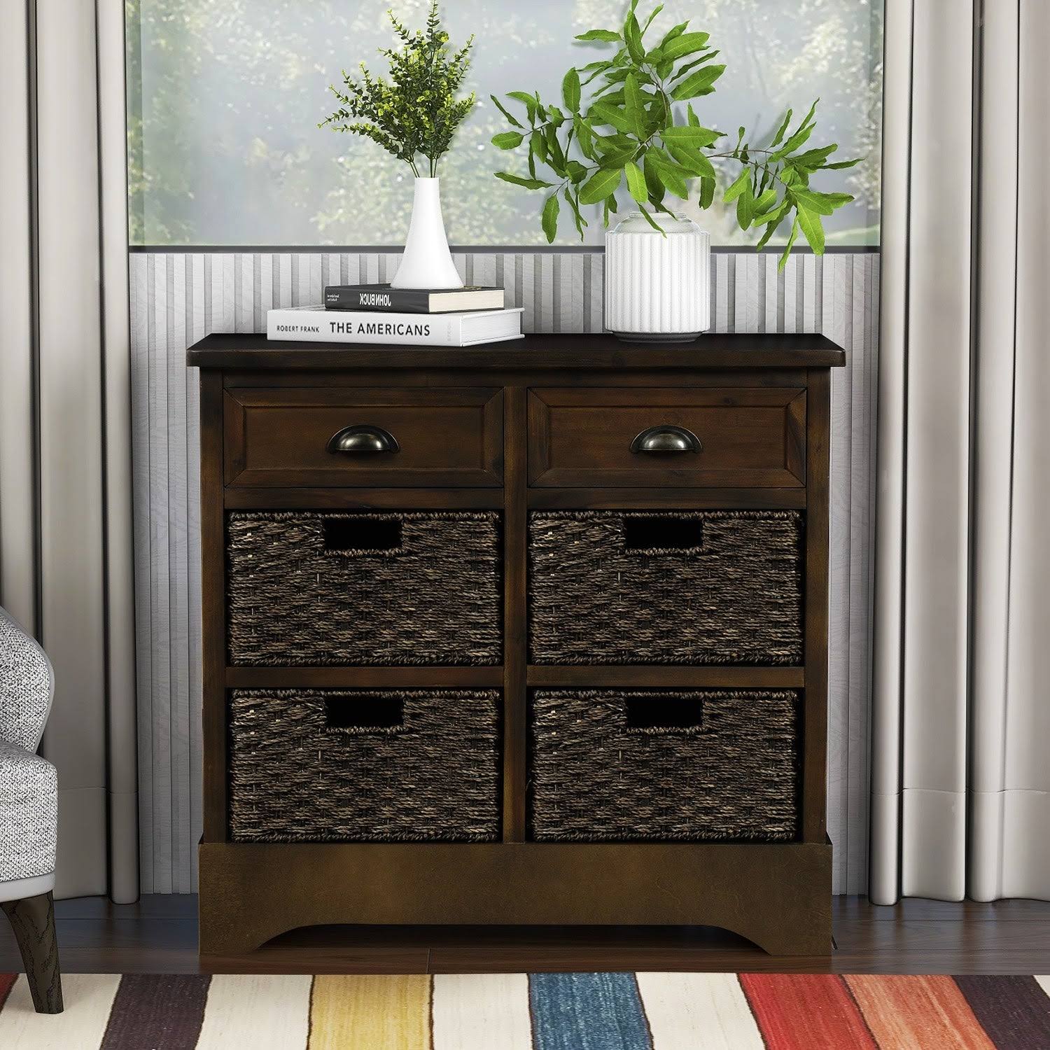 Rustic Storage Cabinet with 2-Drawers and 4 Fabric Basket Dark Brown I811