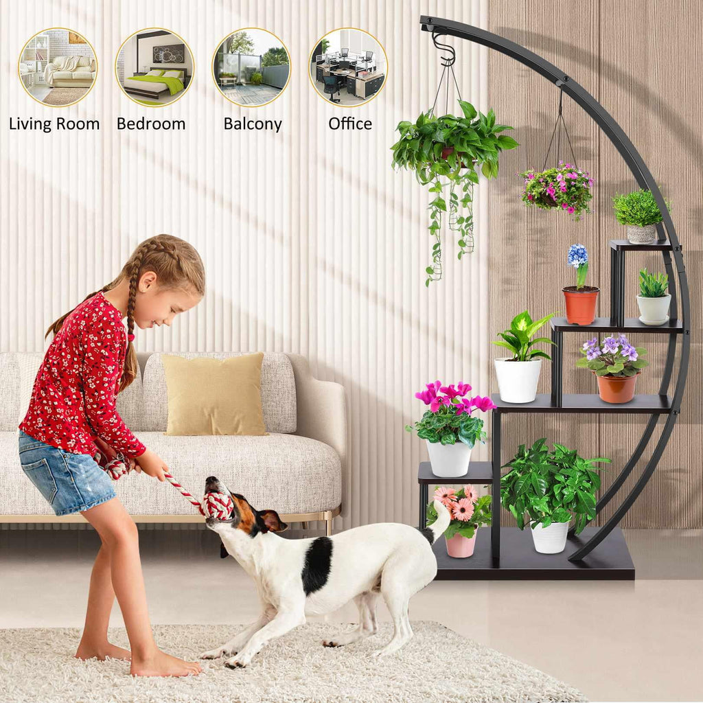 5 Tier Half Moon Shape Plant Stand with Hanging Hook R405392