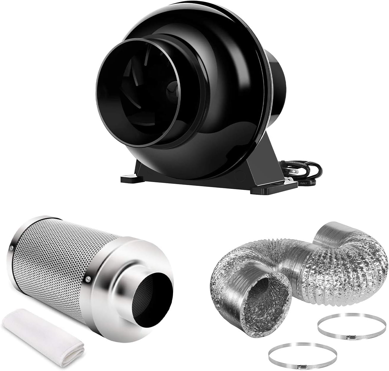 4 Inch 195 CFM Inline Vent Blower with Carbon Filter and 8 Feet Ducting Combo Q9161