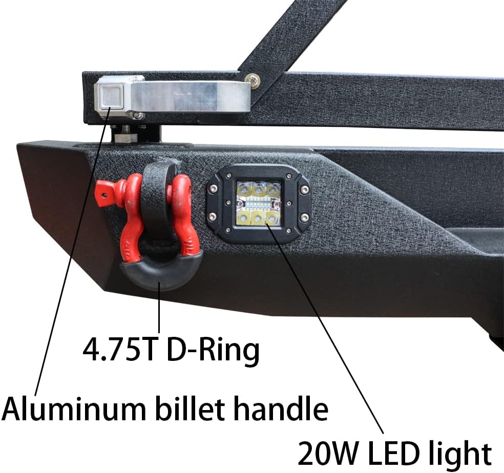 Textured Black Rear Bumper with Tire Bracket, LED Light, D-Ring, Rear Camera Mounting Holes M532
