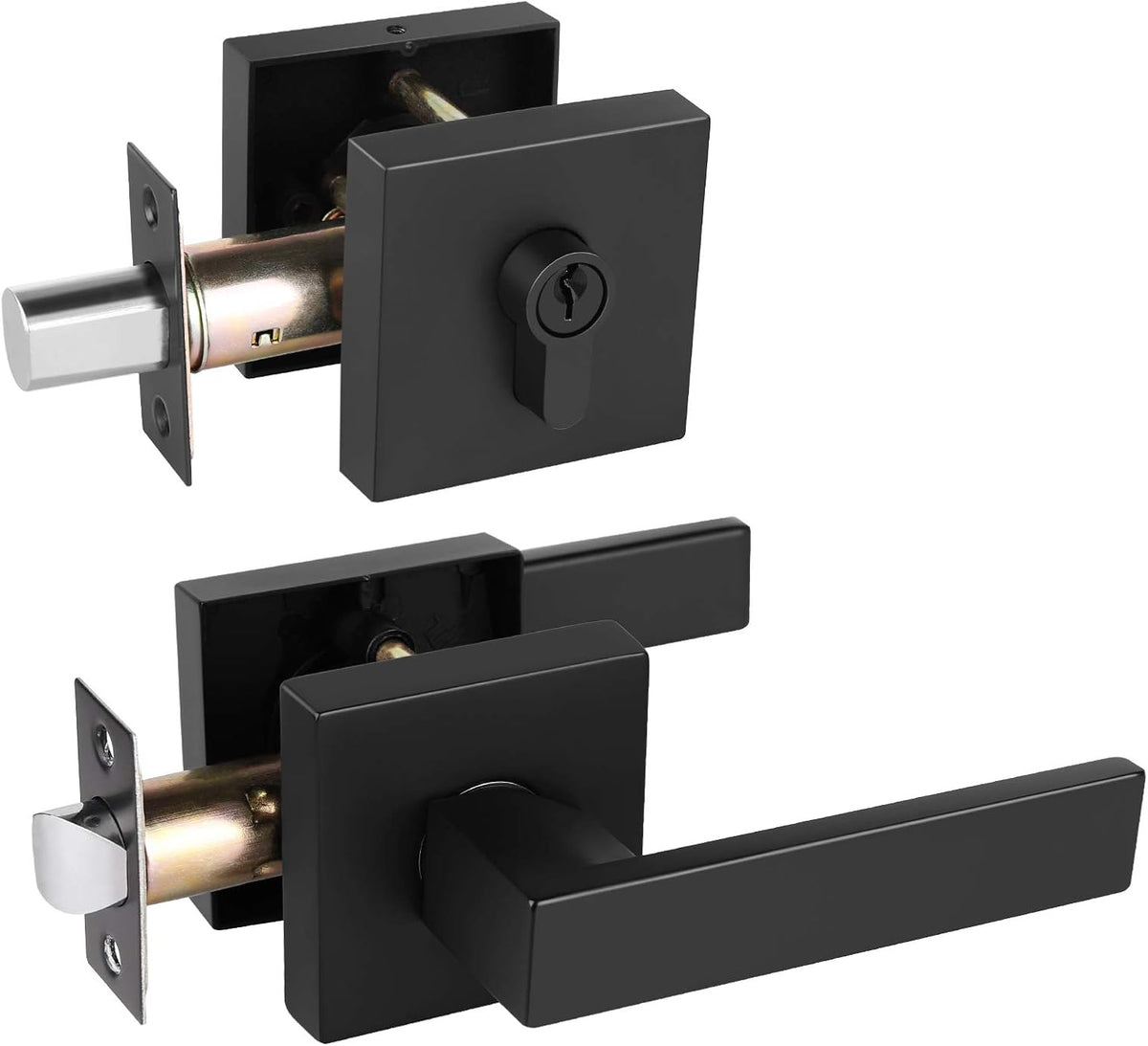 4 Pack Passage Door Lever with Single Cylinder Deadbolt Combination Set in Matte Black P337