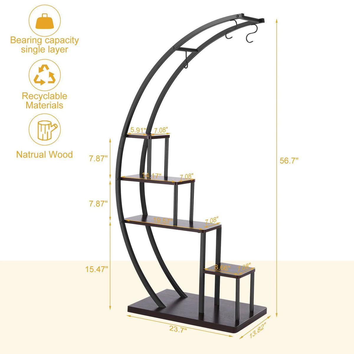 5 Tier Half Moon Shape Plant Stand with Hanging Hook R405392