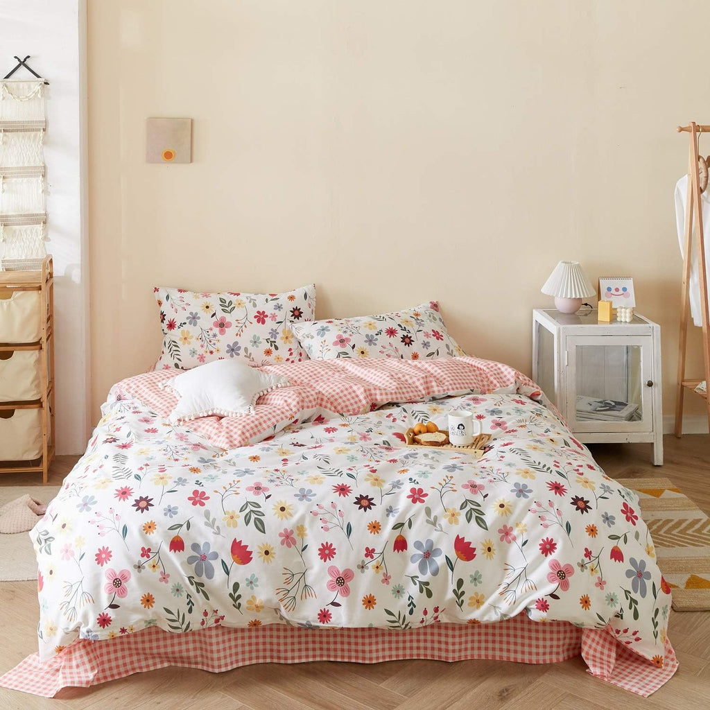 Red Floral 100% Cotton Kids Twin Duvet Cover Set with Zipper E4471