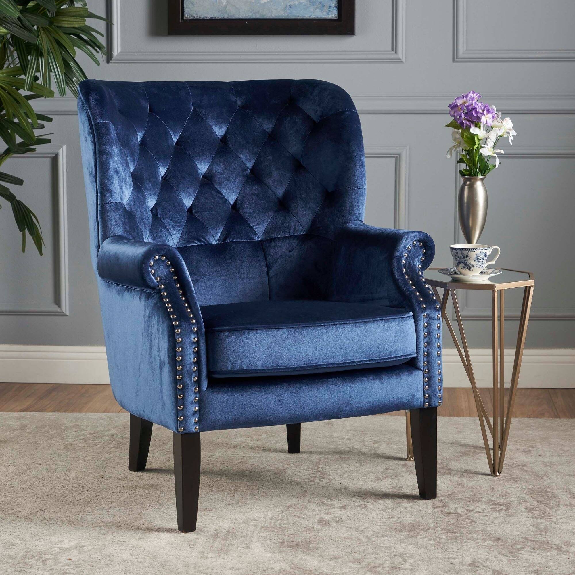 Cobalt Blue and Brown Tufted Club Chair E394
