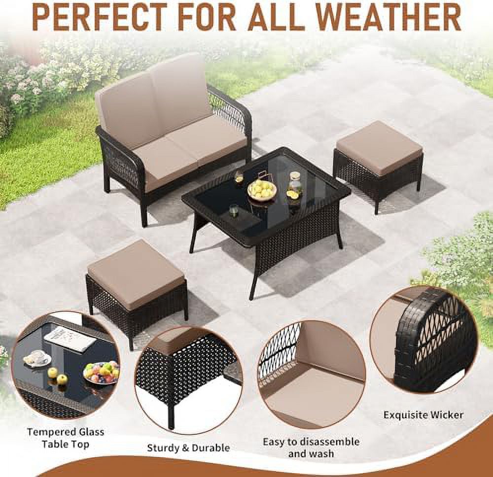 Sand 4PC Rattan Patio Conversation Set with Loveseat and Ottoman F124