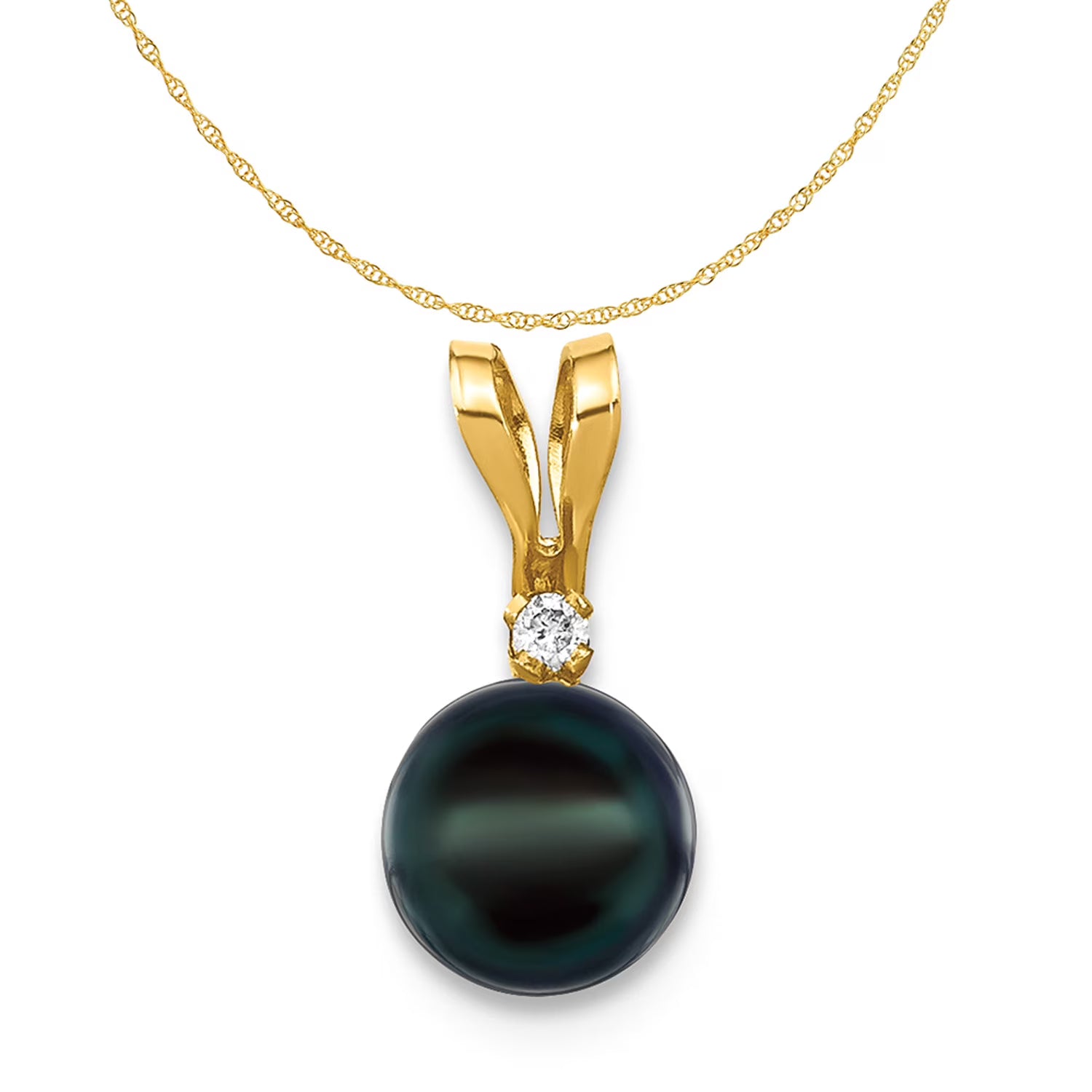 14K Yellow Gold Black Akoya Cultured Pearl Diamond Pendant Charm with Rope Chain Necklace 20'' C533