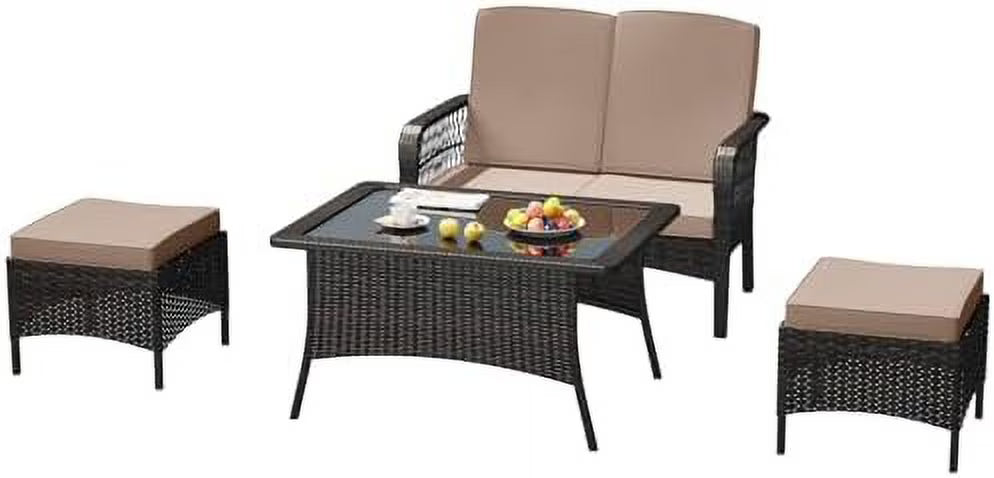 Sand 4PC Rattan Patio Conversation Set with Loveseat and Ottoman F124