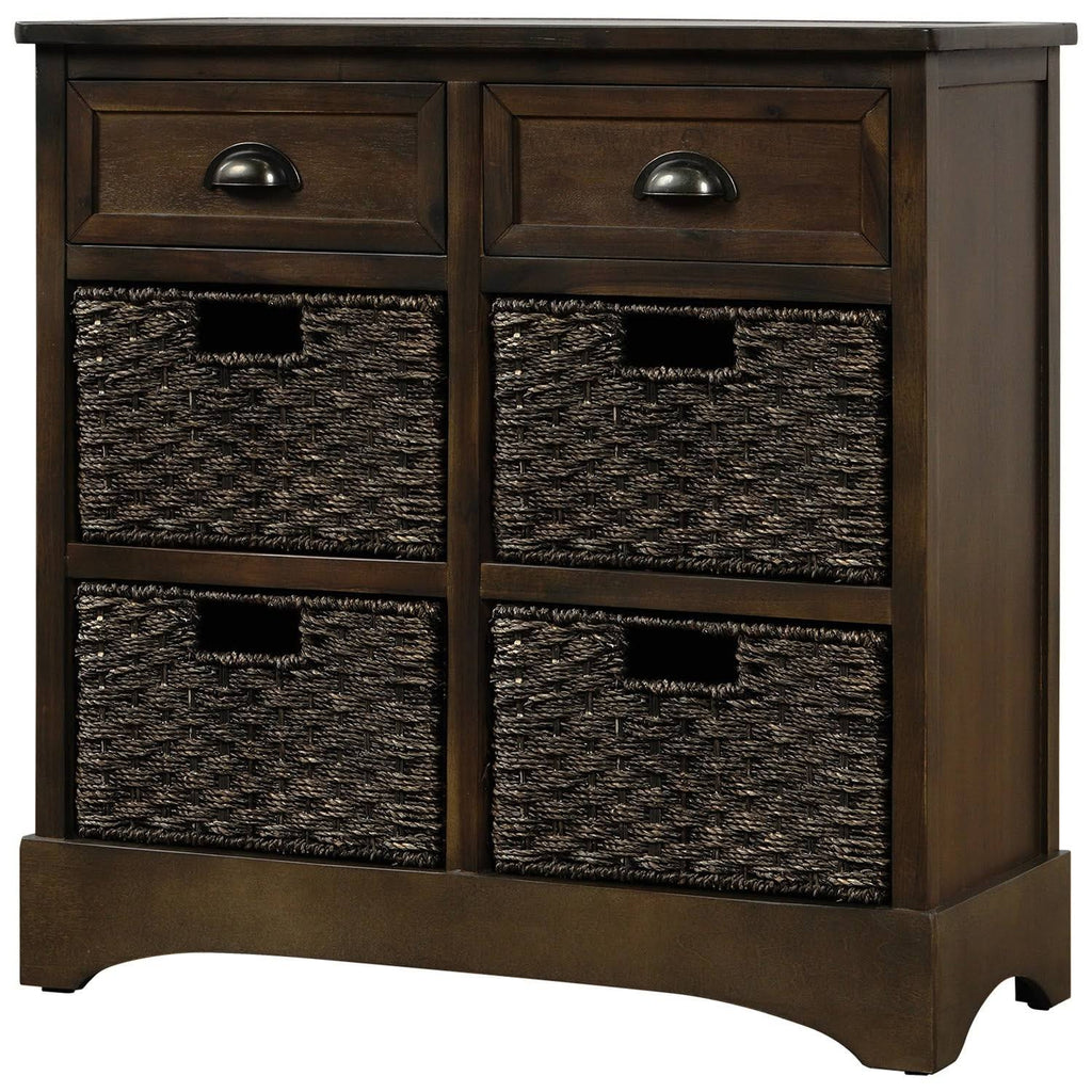 Rustic Storage Cabinet with 2-Drawers and 4 Fabric Basket Dark Brown I811