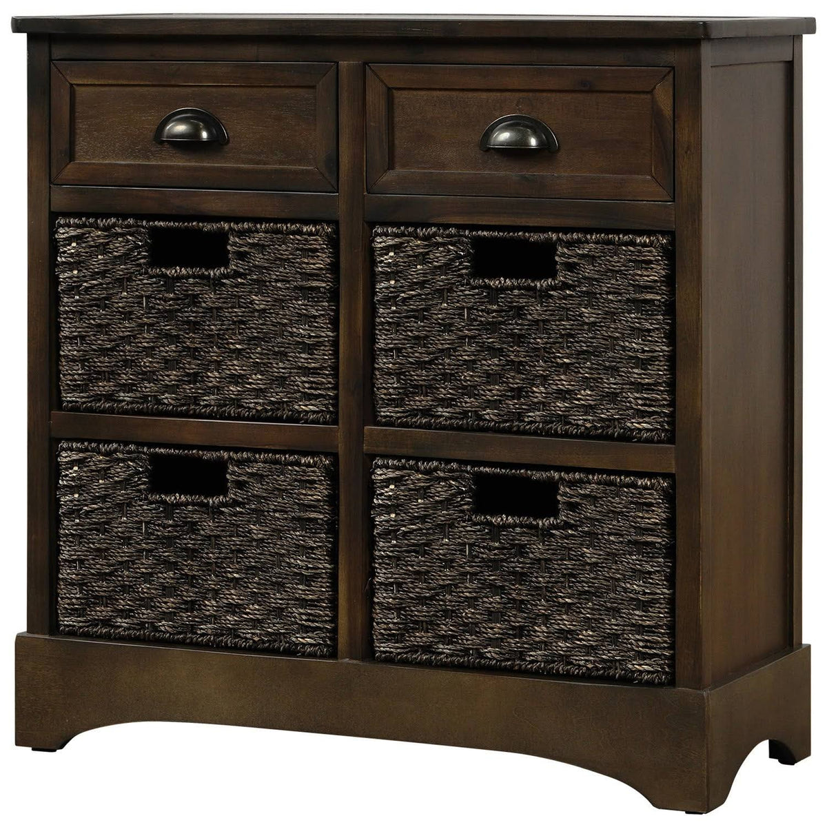 Rustic Storage Cabinet with 2-Drawers and 4 Fabric Basket Dark Brown I811